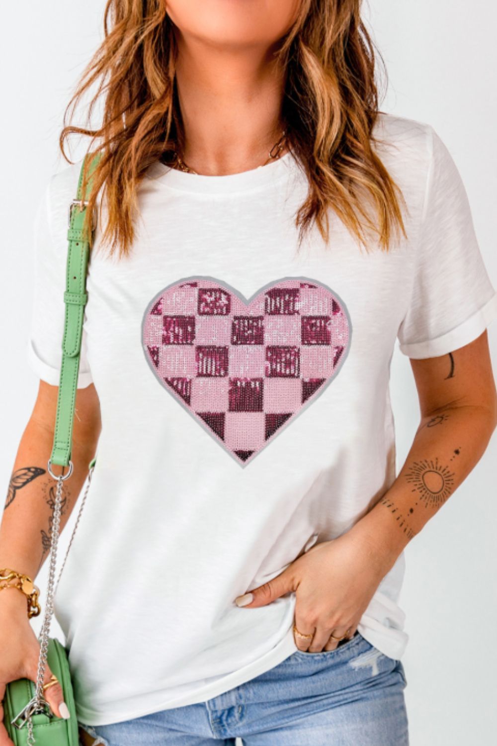 Hazel Blues® |  Sequin Checkered Heart Round Neck Short Sleeve T-Shirt