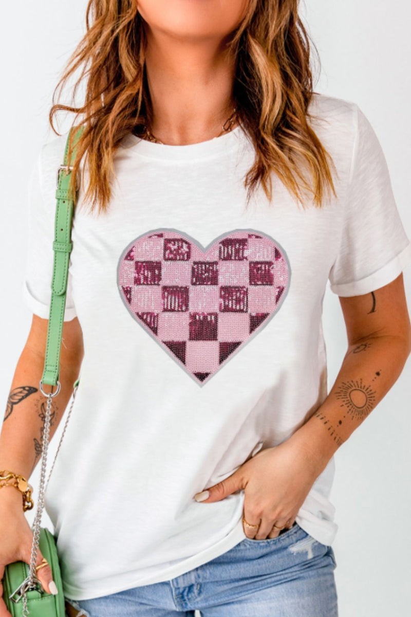 Hazel Blues® |  Sequin Checkered Heart Round Neck Short Sleeve T-Shirt