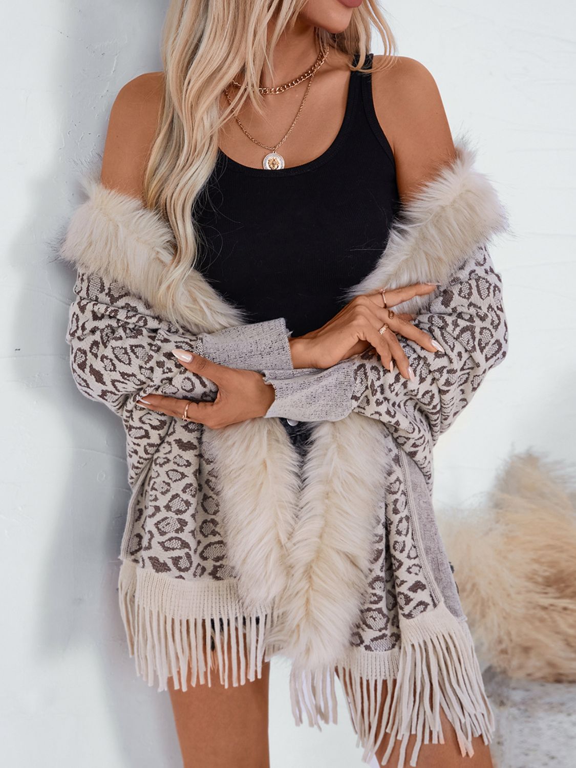 Hazel Blues® |  Fringe Leopard Open Front Long Sleeve Poncho