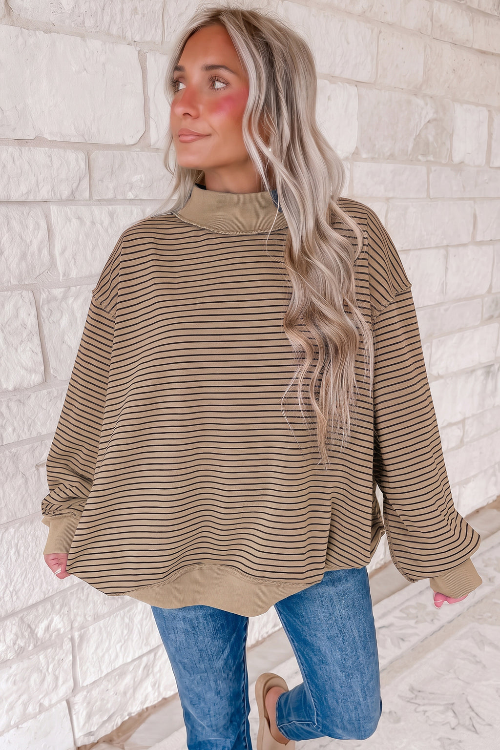 Cozy Lines Khaki Stripe Mock-Neck Sweatshirt