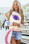 Hazel Blues® |  Beige Sequin Football Graphic Starry Patched Contrast Trim Game Day Sweatshirt