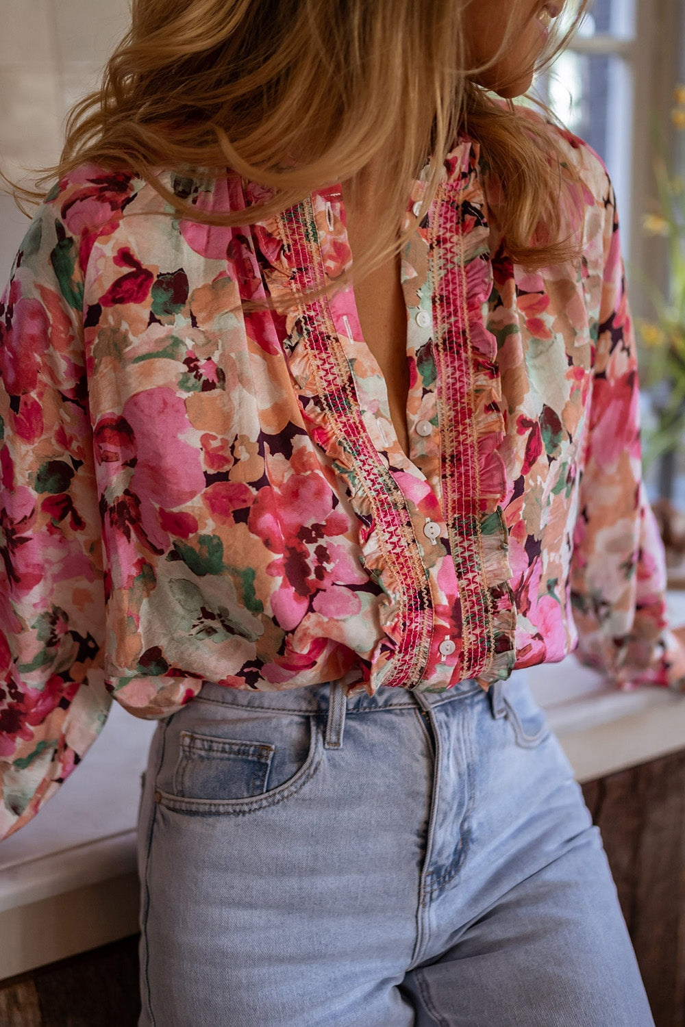 Hazel Blues® |  Frill Floral Button Down Long Sleeve Shirt