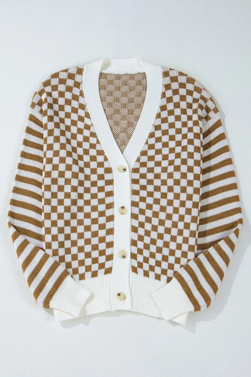 Hazel Blues® |  Checkered V-Neck Long Sleeve Cardigan