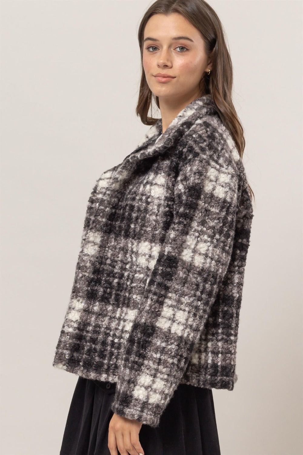 Hazel Blues® |  HYFVE Plaid Collared Neck Boucle Jacket with Pockets