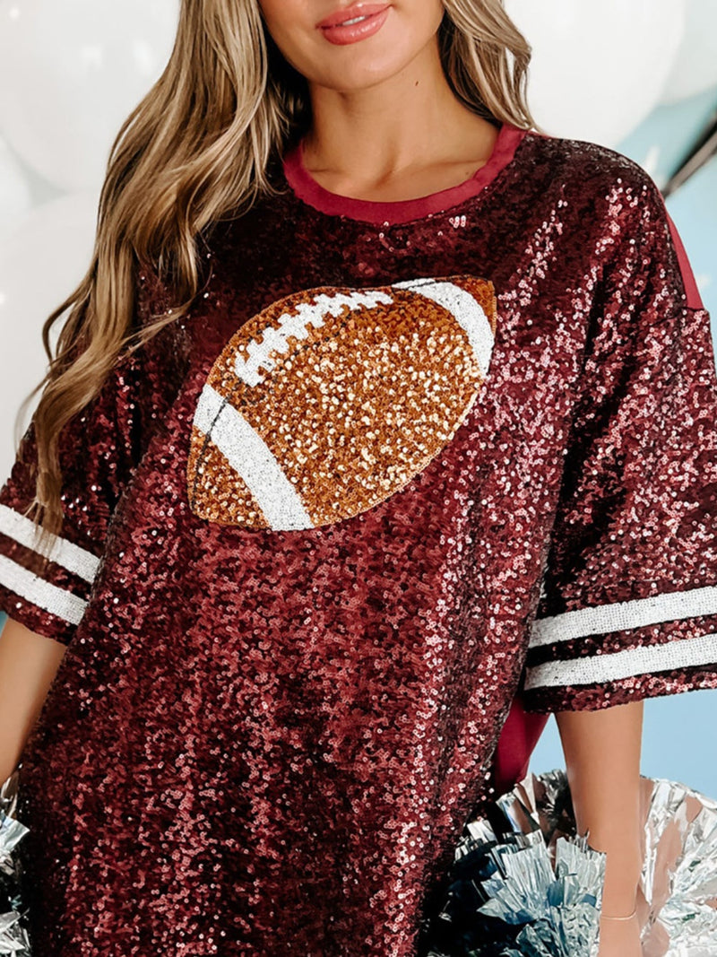 Hazel Blues® |  Sequin Football Round Neck Half Sleeve Oversize Top