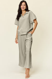 Hazel Blues® |  Double Take Texture Half Zip Short Sleeve Top and Pants Set