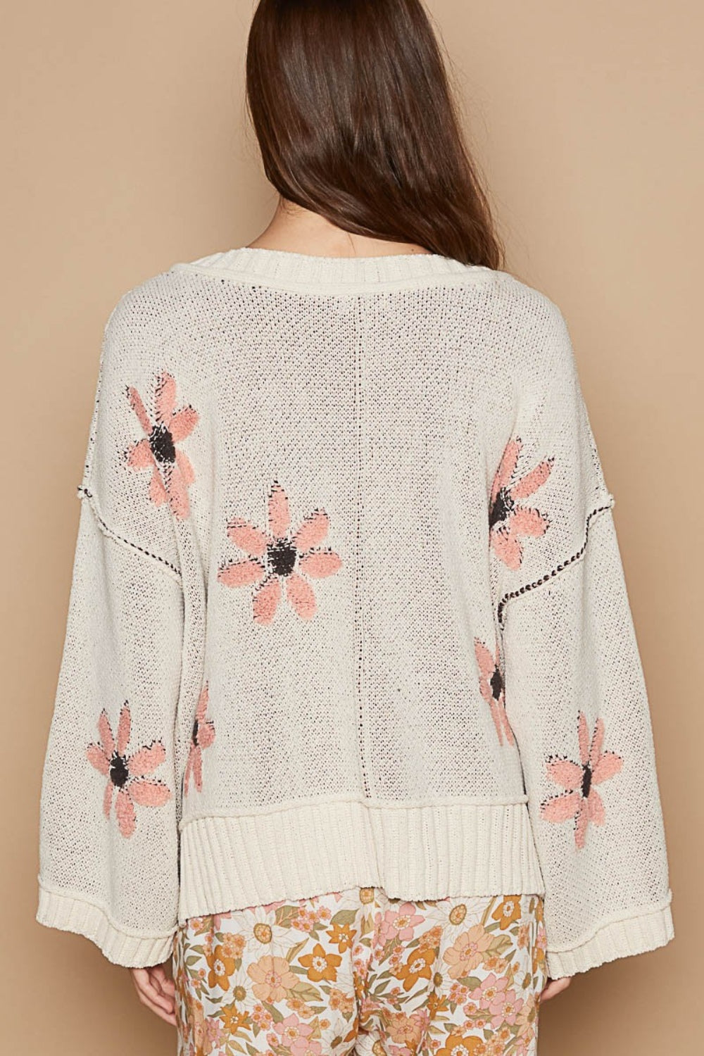 Hazel Blues® |  POL V-Neck Floral Pattern Chenille Sweater