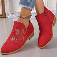 Hazel Blues® |  Embroidered Suede Point Toe Block Heel Boots