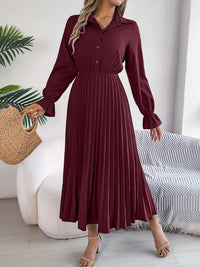 Hazel Blues® |  Pleated Half Button Long Sleeve Midi Dress