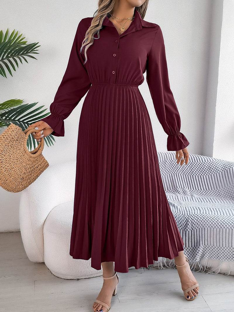 Hazel Blues | Pleated Half Button Long Sleeve Midi Dress Hazel Blues | Pleated Half Button Long Sleeve Midi Dress