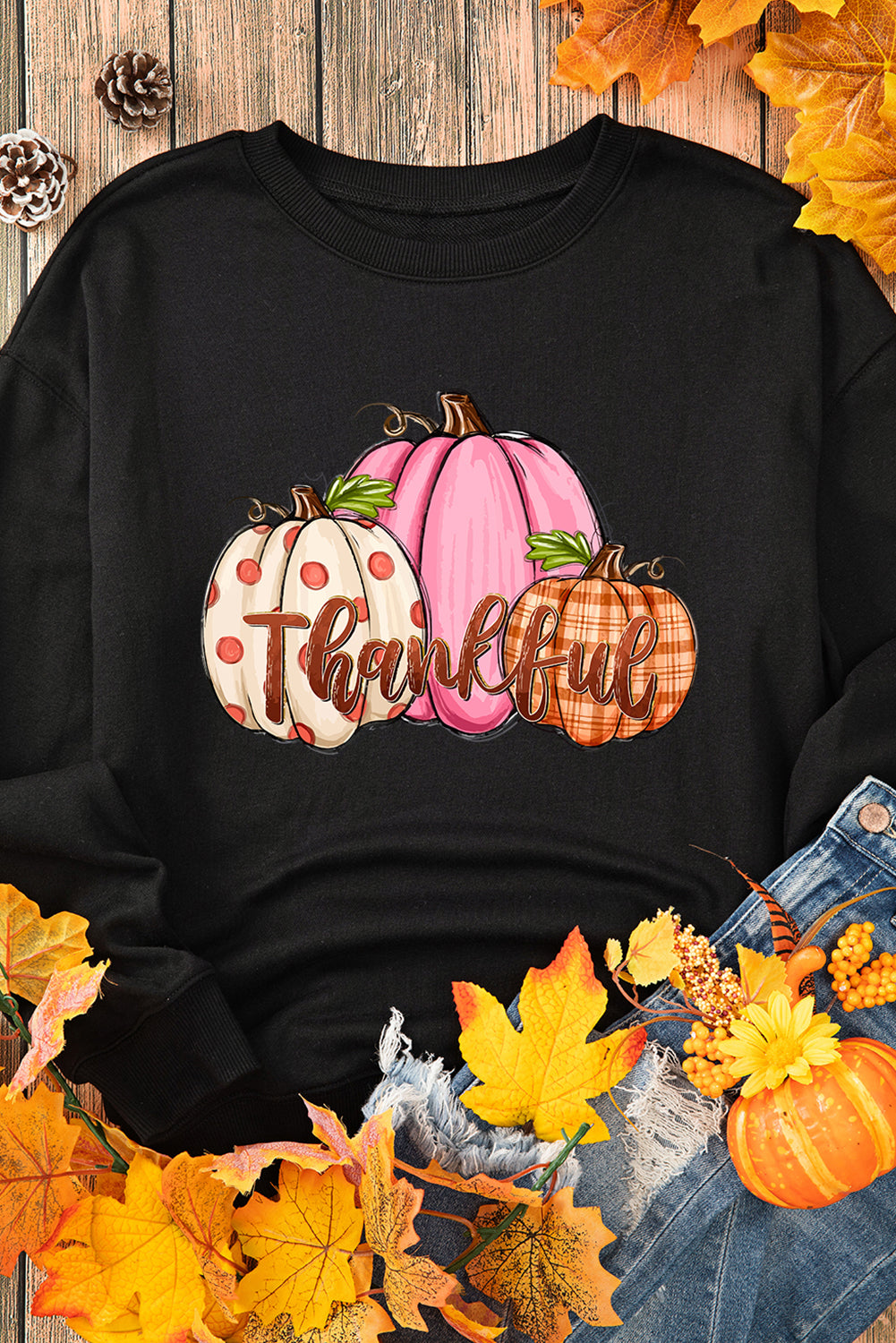 Hazel Blues® |  Black Pumpkin Thankful Drop Shoulder Thanksgiving Pullover Sweatshirt