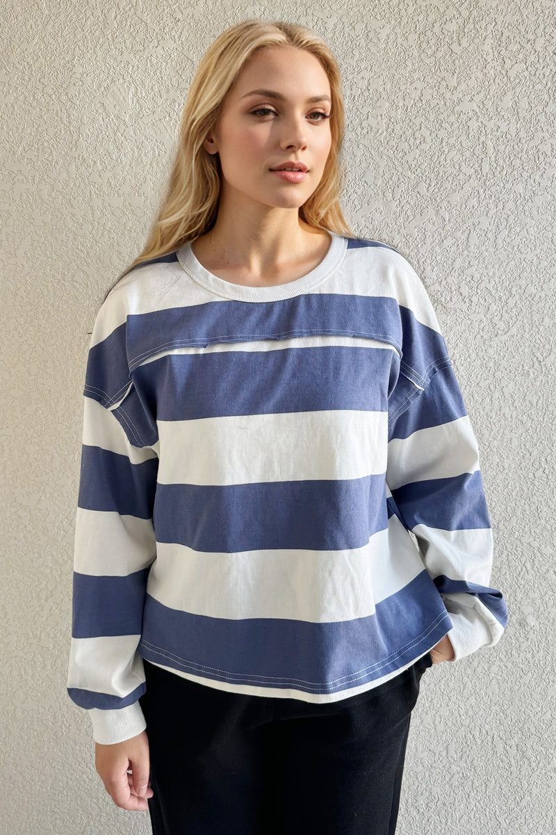 Hazel Blues® |  Oh Pima Cotton Wash Exposed Seam Contrast Striped Round Neck Long Sleeve T-Shirt