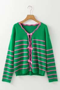 Hazel Blues® |  Bow Striped V-Neck Long Sleeve Cardigan