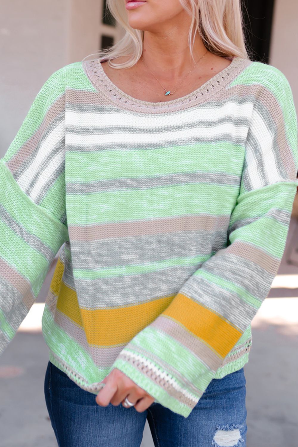 Hazel Blues® |  Contrast Striped Boat Neck Dropped Shoulder Sweater