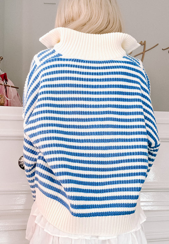 Hazel Blues® |  Striped Half Zip Mock Neck Long Sleeve Sweater