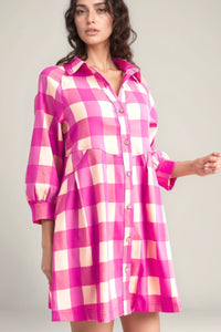 Hazel Blues® |  Ruched Plaid Three-Quarter Sleeve Shirt Dress