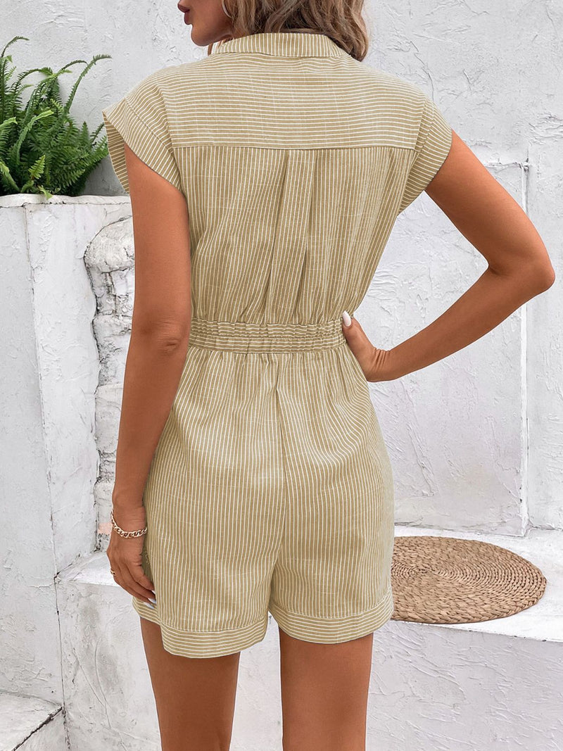 Hazel Blues® |  Striped Notched Tie Waist Romper