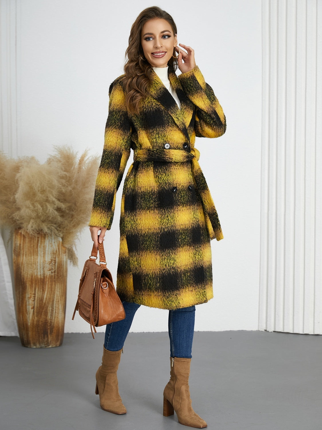 Hazel Blues® |  Plaid Tie Waist Long Sleeve Coat