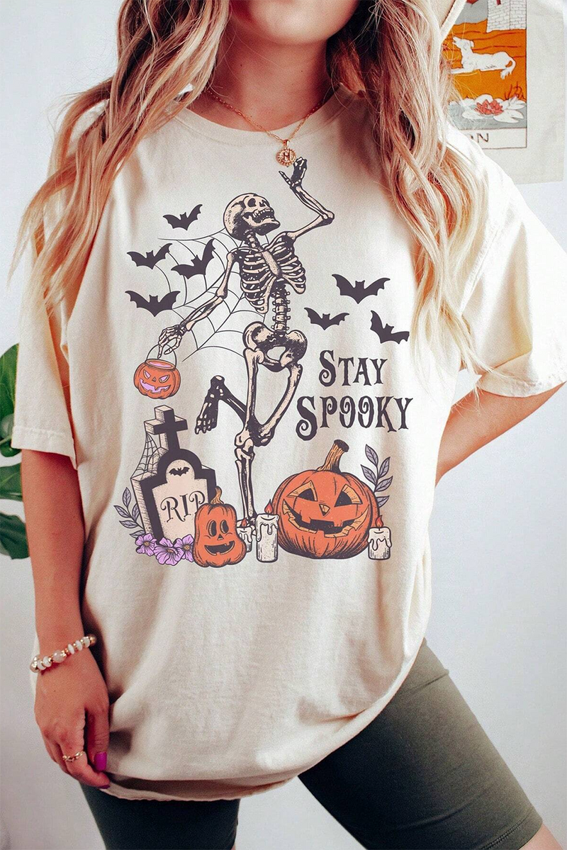 Hazel Blues® |  White Skull Pumpkin Face STAY SPOOKY Graphic Halloween T Shirt