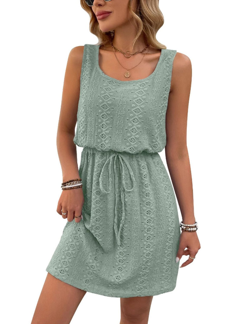 Hazel Blues® |  Eyelet Drawstring Round Neck Sleeveless Dress