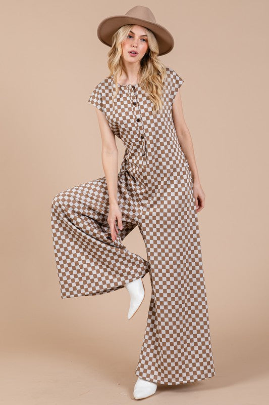 Hazel Blues® |  Ces Femme Checkered Half Button Cap Sleeve Jumpsuit