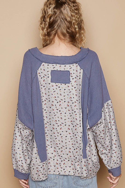 Hazel Blues® |  POL Waffle Knit Floral Notched Long Sleeve Top