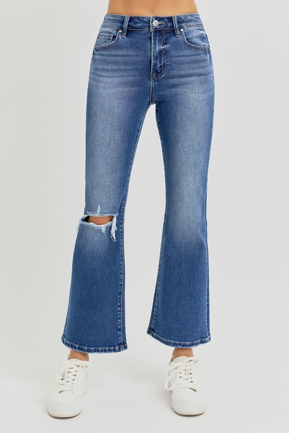 Hazel Blues® |  RISEN Distressed High Rise Crop Flare Jeans