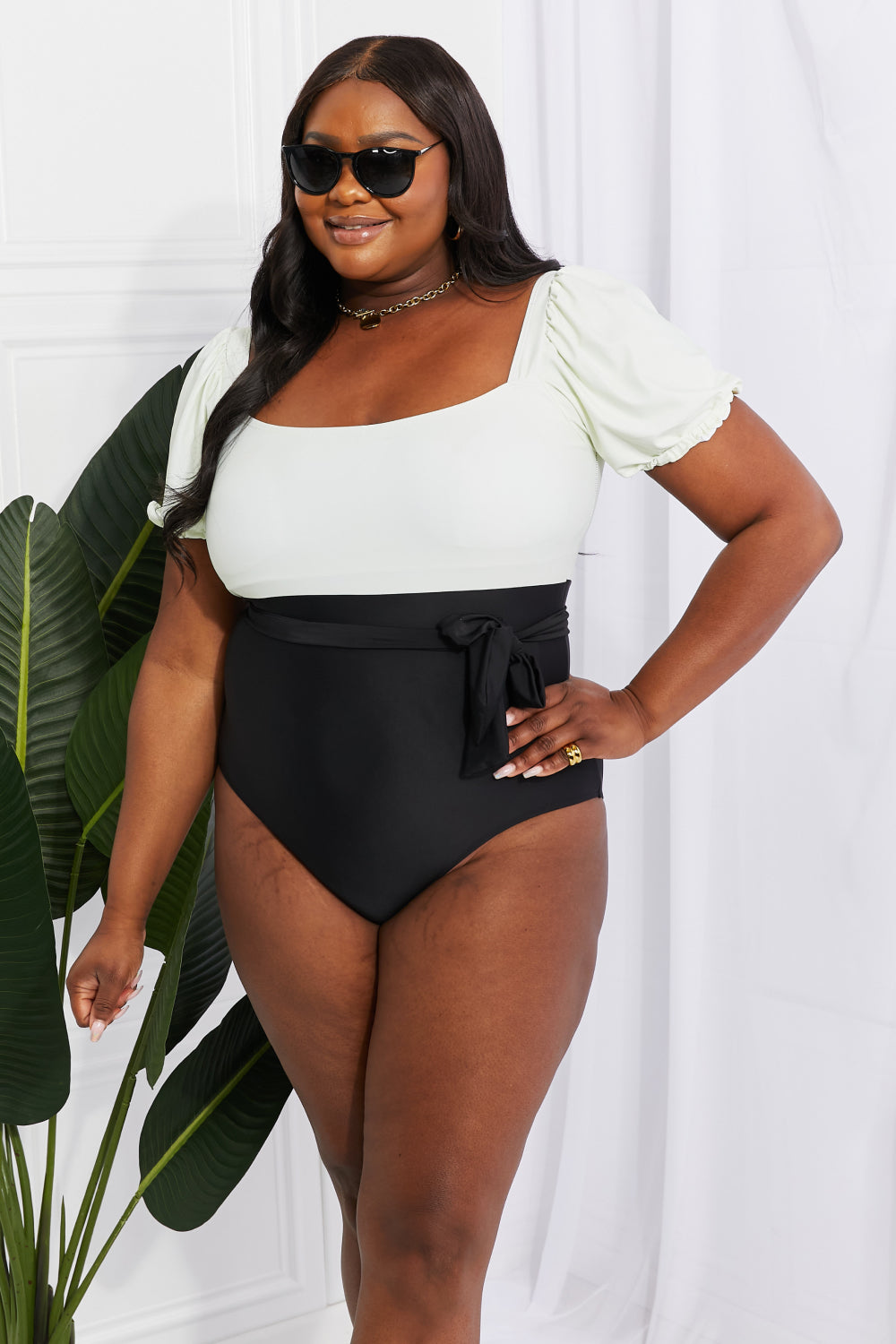 Hazel Blues® | Salty Air Puff Sleeve One-Piece in Cream/Black