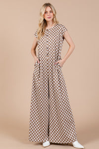 Hazel Blues® |  Ces Femme Checkered Half Button Cap Sleeve Jumpsuit