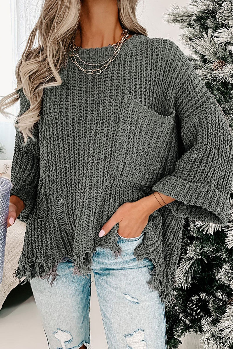 Hazel Blues® |  Distressed Round Neck Drop Shoulder Sweater