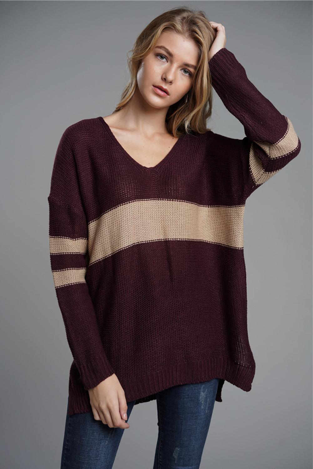 Hazel Blues® |  Slit Contrast V-Neck Long Sleeve Sweater