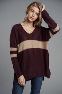 Hazel Blues® |  Slit Contrast V-Neck Long Sleeve Sweater