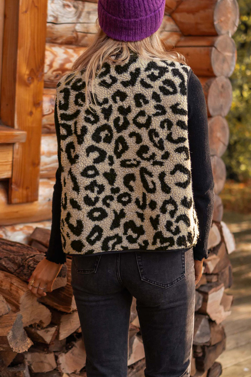 Sophie Jean Black Leopard Sherpa Vest