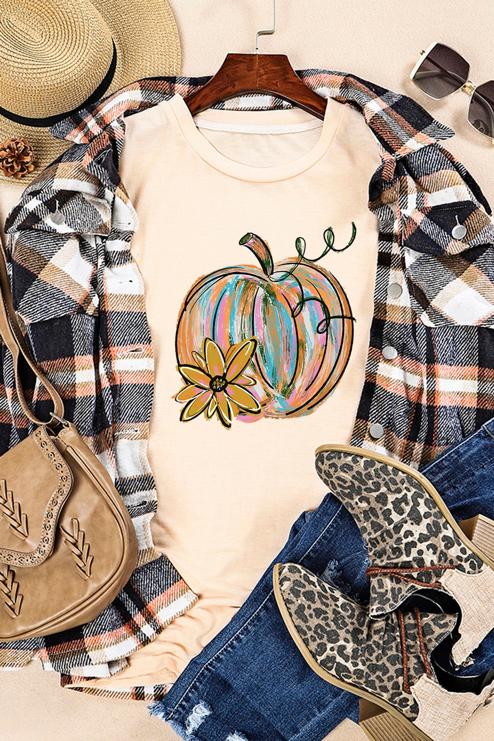 Hazel Blues® |  Khaki Pumpkin with Flower Graphic T Shirt