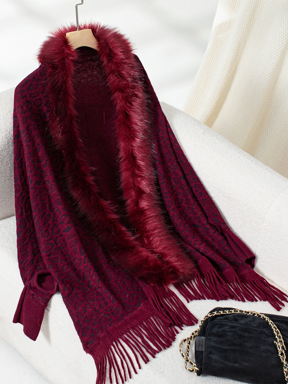 Hazel Blues® |  Fringe Leopard Open Front Long Sleeve Poncho