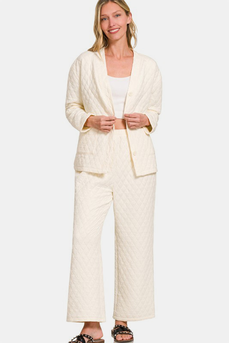 Hazel Blues® |  Zenana Quilted Button Up Long Sleeve Top and Pants Lounge Set