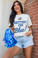Hazel Blues® |  White Football BETTIN ON Blue Graphic Crewneck T Shirt