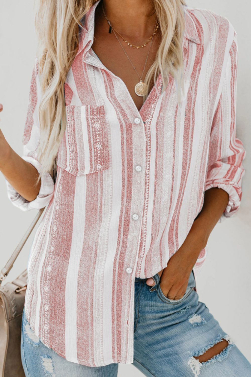 Hazel Blues® |  Striped Collared Neck Long Sleeve Shirt