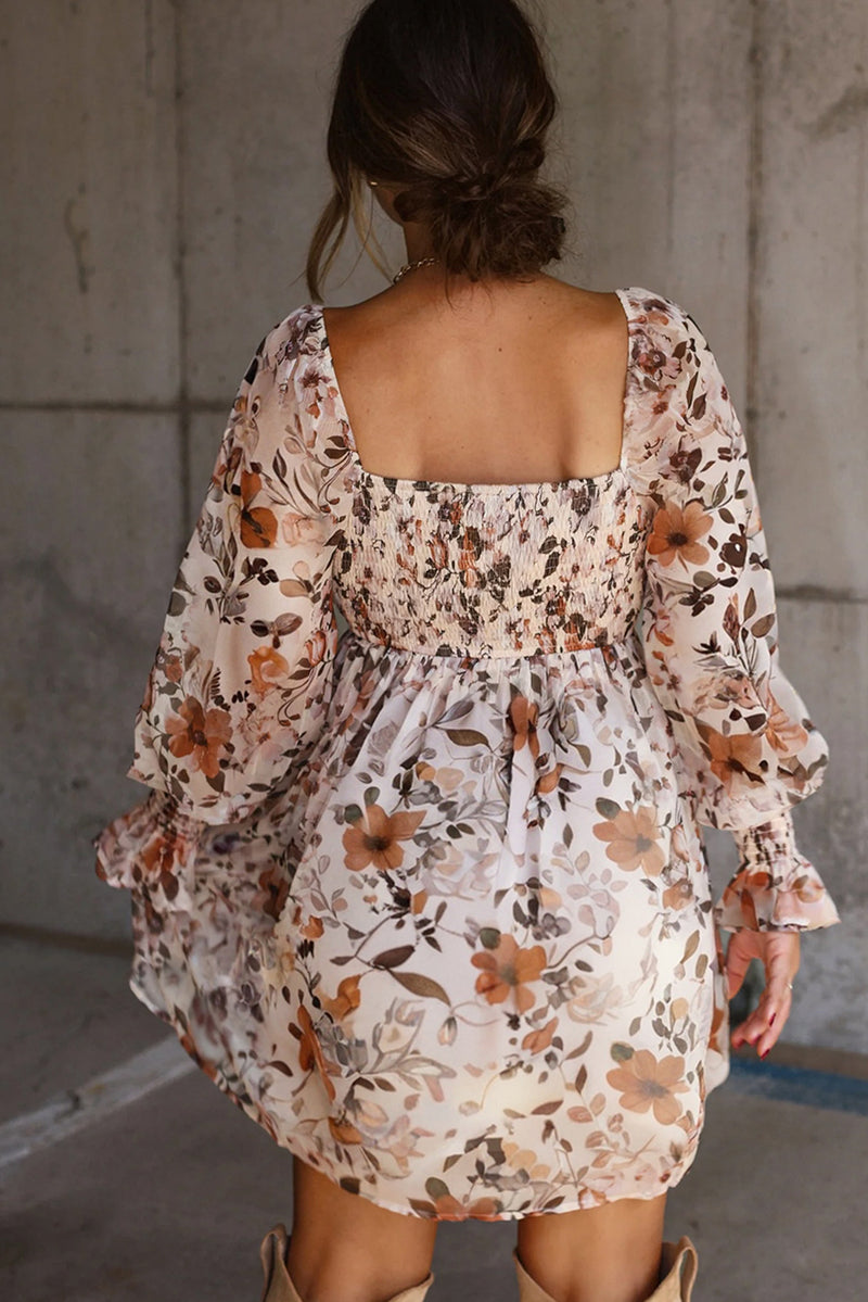Hazel Blues® |  White Floral Print Sweetheart Neck Long Sleeve High Waist Mini Dress