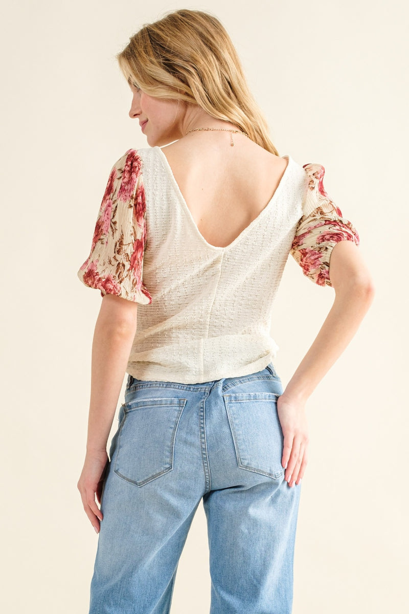 Hazel Blues® |  And The Why Floral Print Textured Sleeve Knit Top