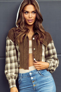 Hazel Blues® |  Raw Hem Plaid Cropped Hooded Jacket