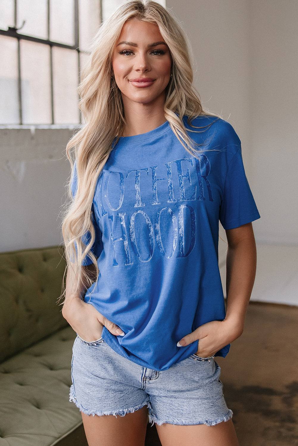 Hazel Blues® |  Sky Blue Vintage MOTHERHOOD Letter Graphic T Shirt