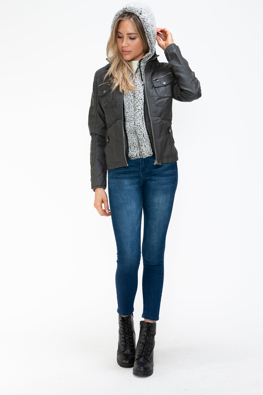 Hazel Blues® |  YMI Removable Faux Layered Multi-Pocket Jacket with Fuzzy Hood