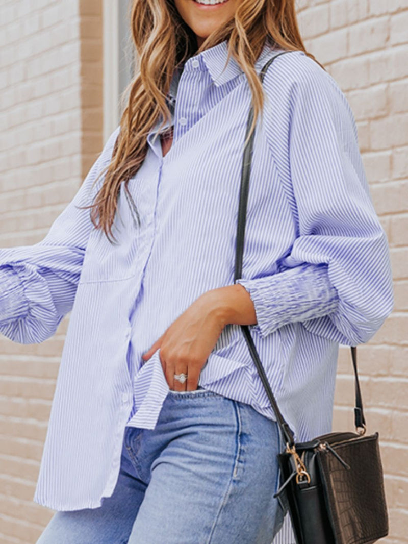 Hazel Blues® |  Striped Collared Neck Lantern Sleeve Shirt