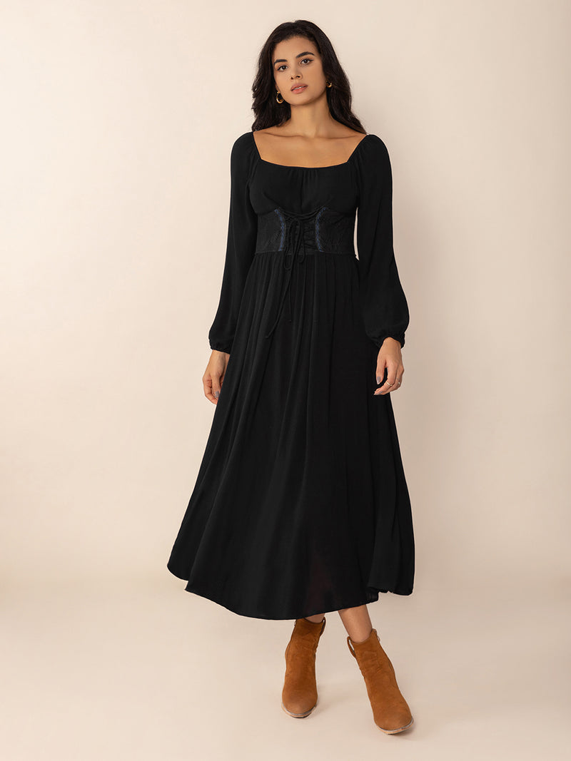 square neck long sleeve midi dress in ivory White Long Sleeve Square Neck Swiss Dots Midi Dress