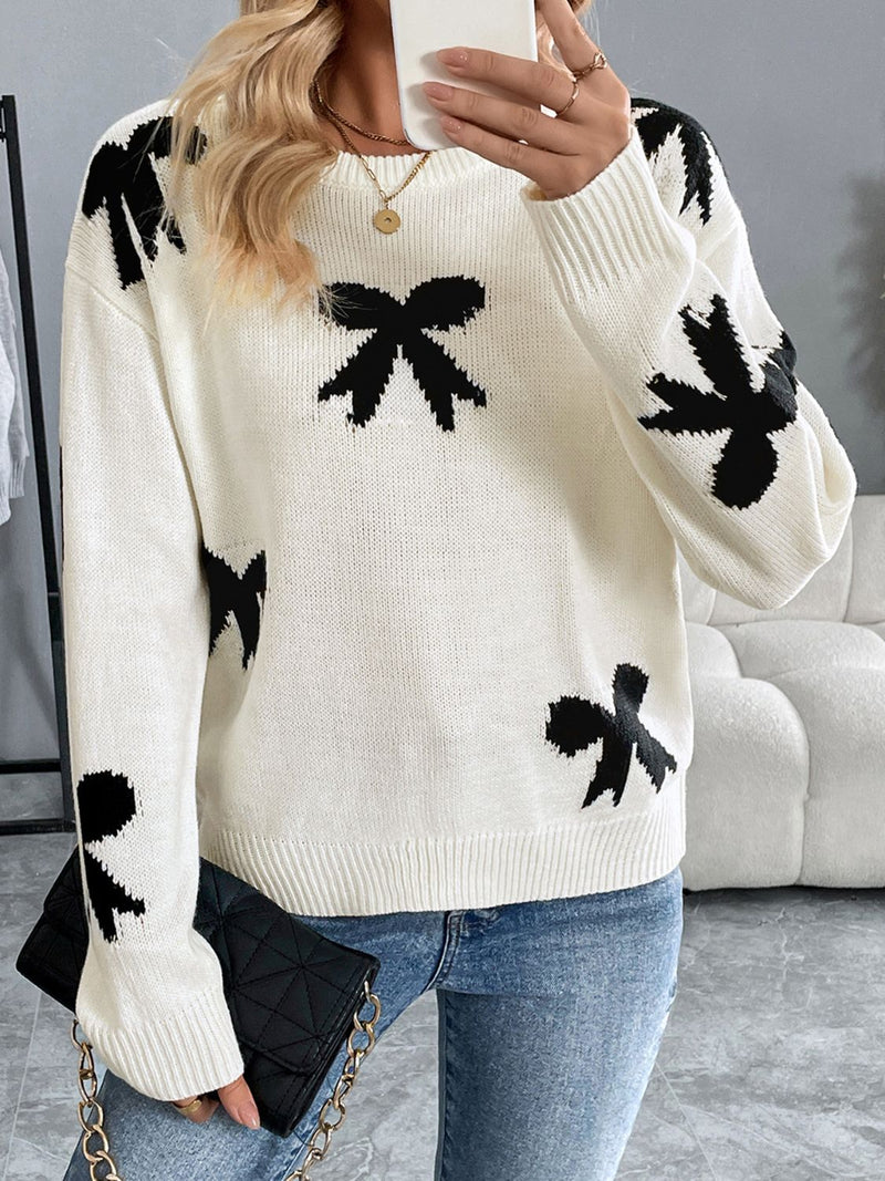 Hazel Blues® |  Perfee Bow Graphic Round Neck Long Sleeve Sweater