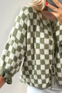 Hazel Blues® |  Double Take Tied Checkered Dropped Shoulder Flounce Sleeve Cardigan