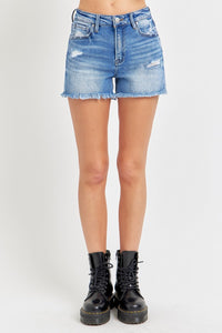 Hazel Blues® |  RISEN High Rise Distressed Raw Hem Denim Shorts