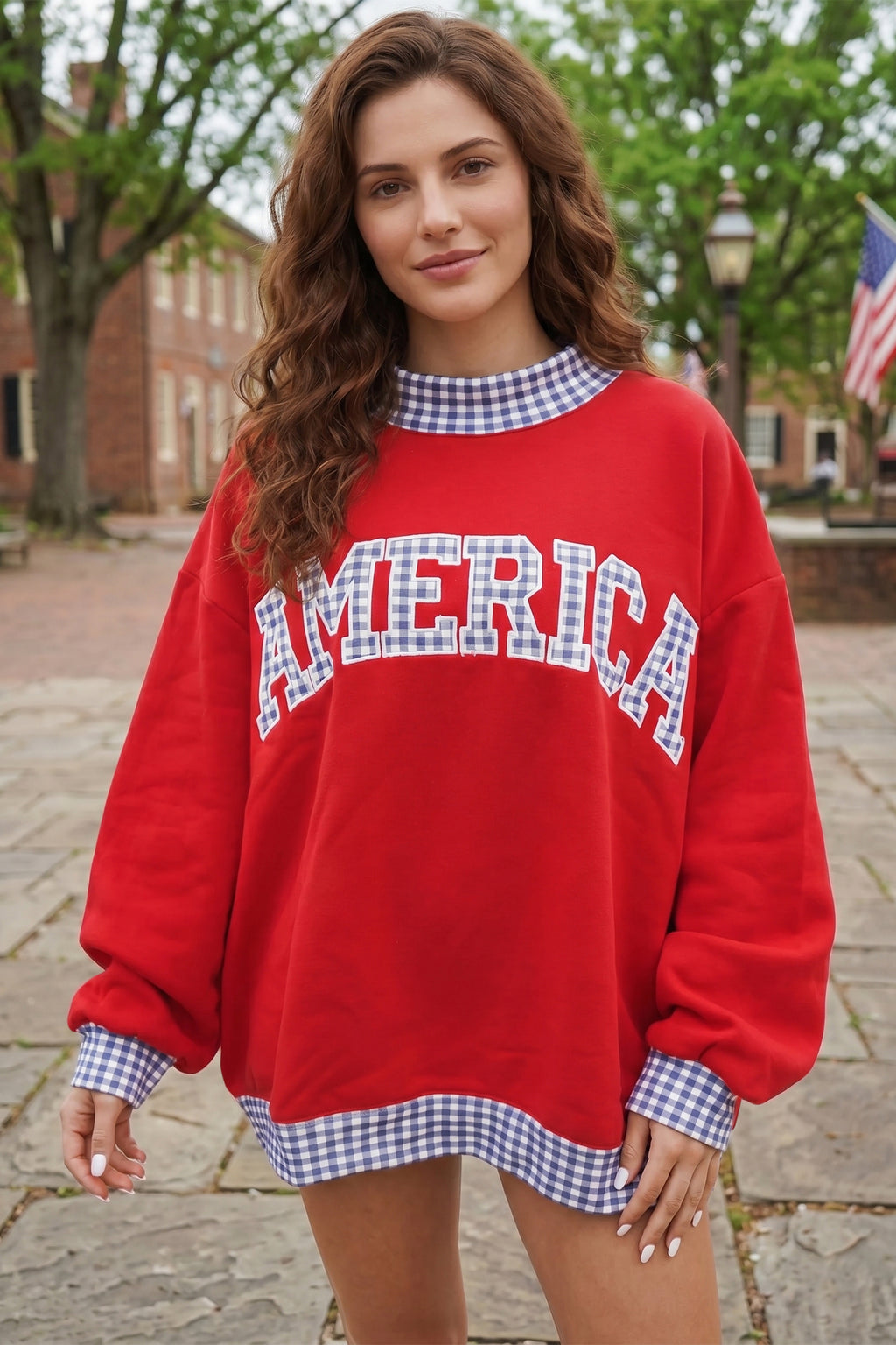 Plaid Trim High Neck America USA Letter Graphic Baggy Sweatshirt | Plaid Sweatshirt