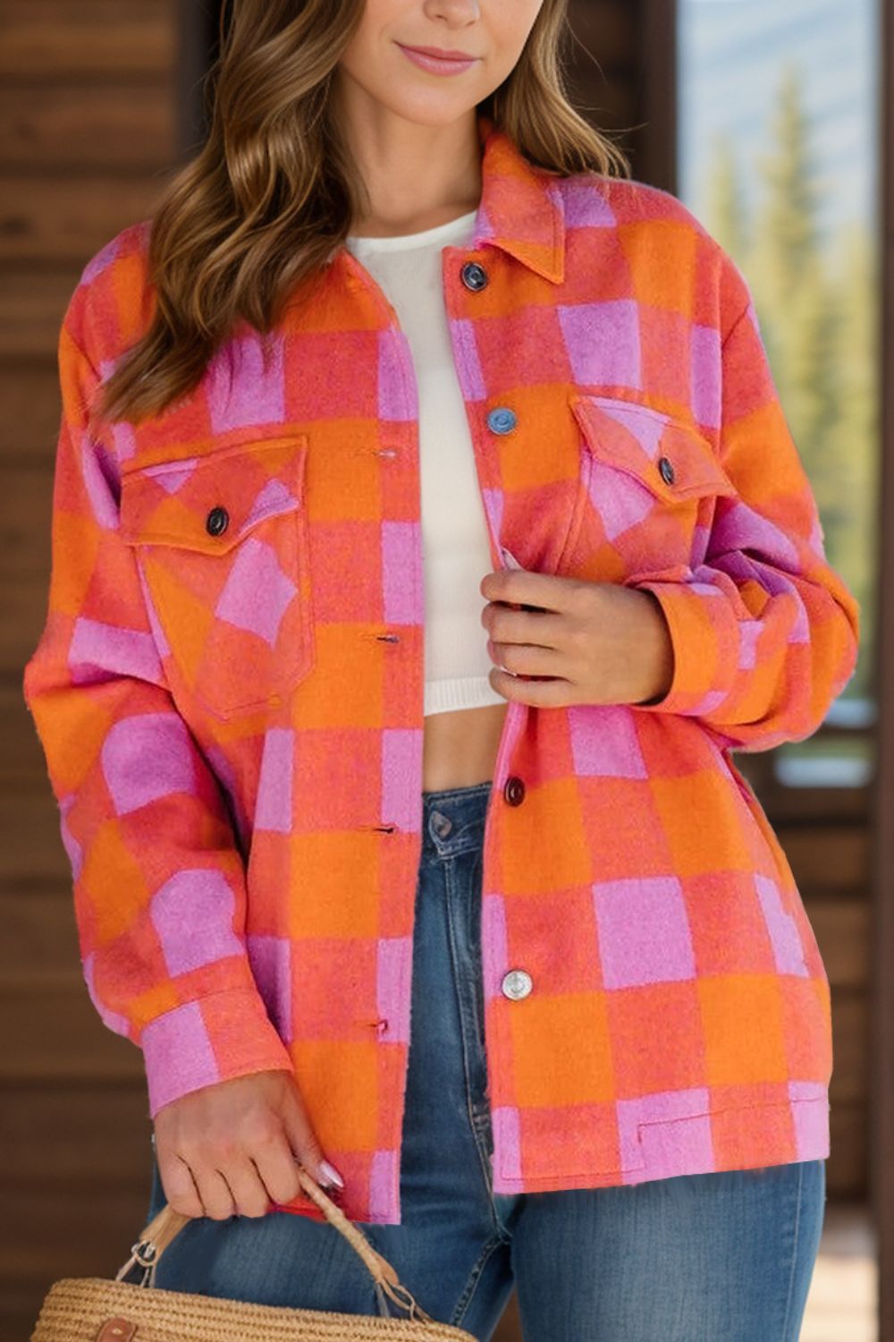 Hazel Blues® |  Color Block Plaid Button Up Long Sleeve Jacket